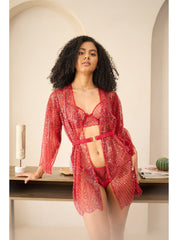 RUBY RED EMBROIDERED ROBE & LINGEIRE SET