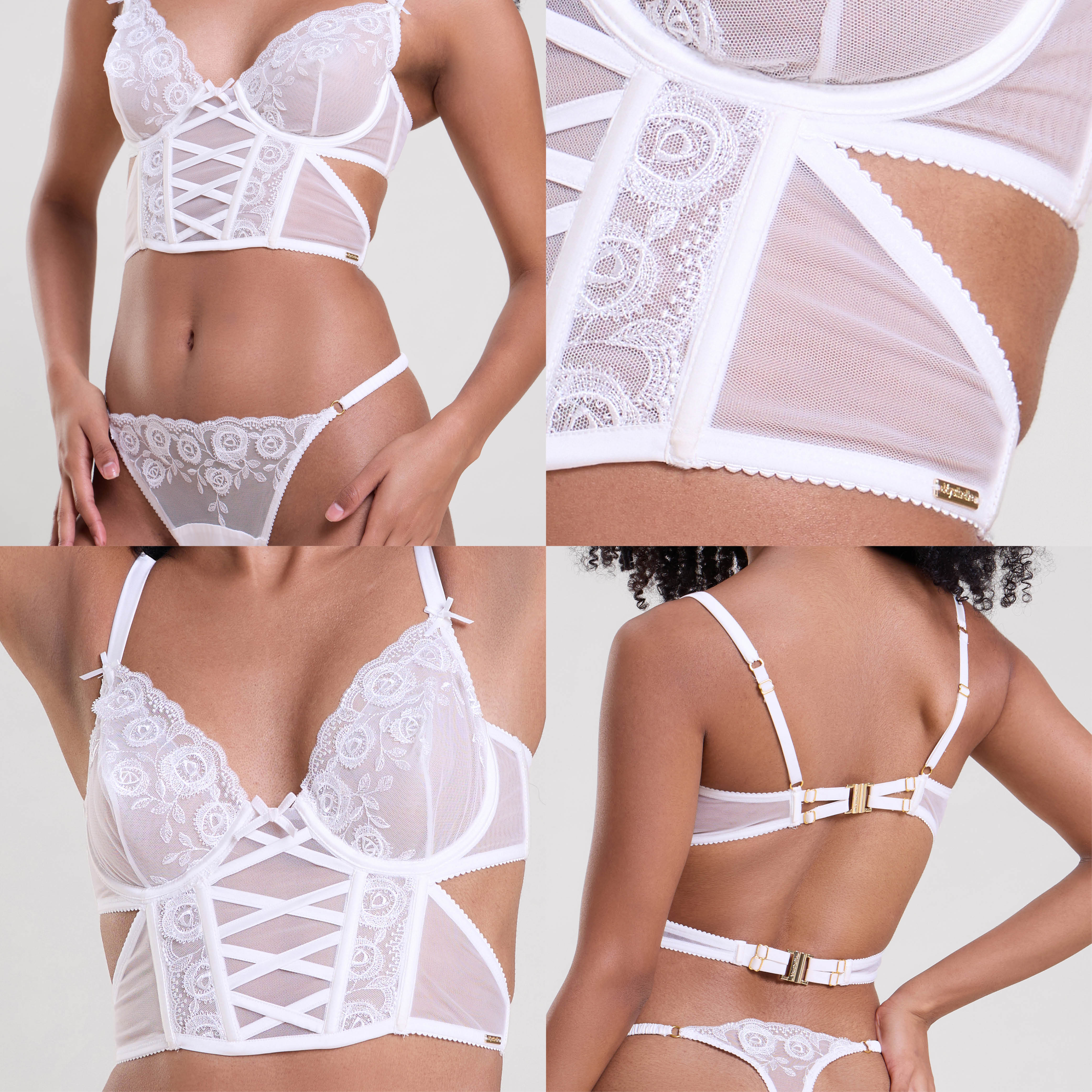 LILY WHITE EMBROIDERED LONGLINE BRA & THONG SET