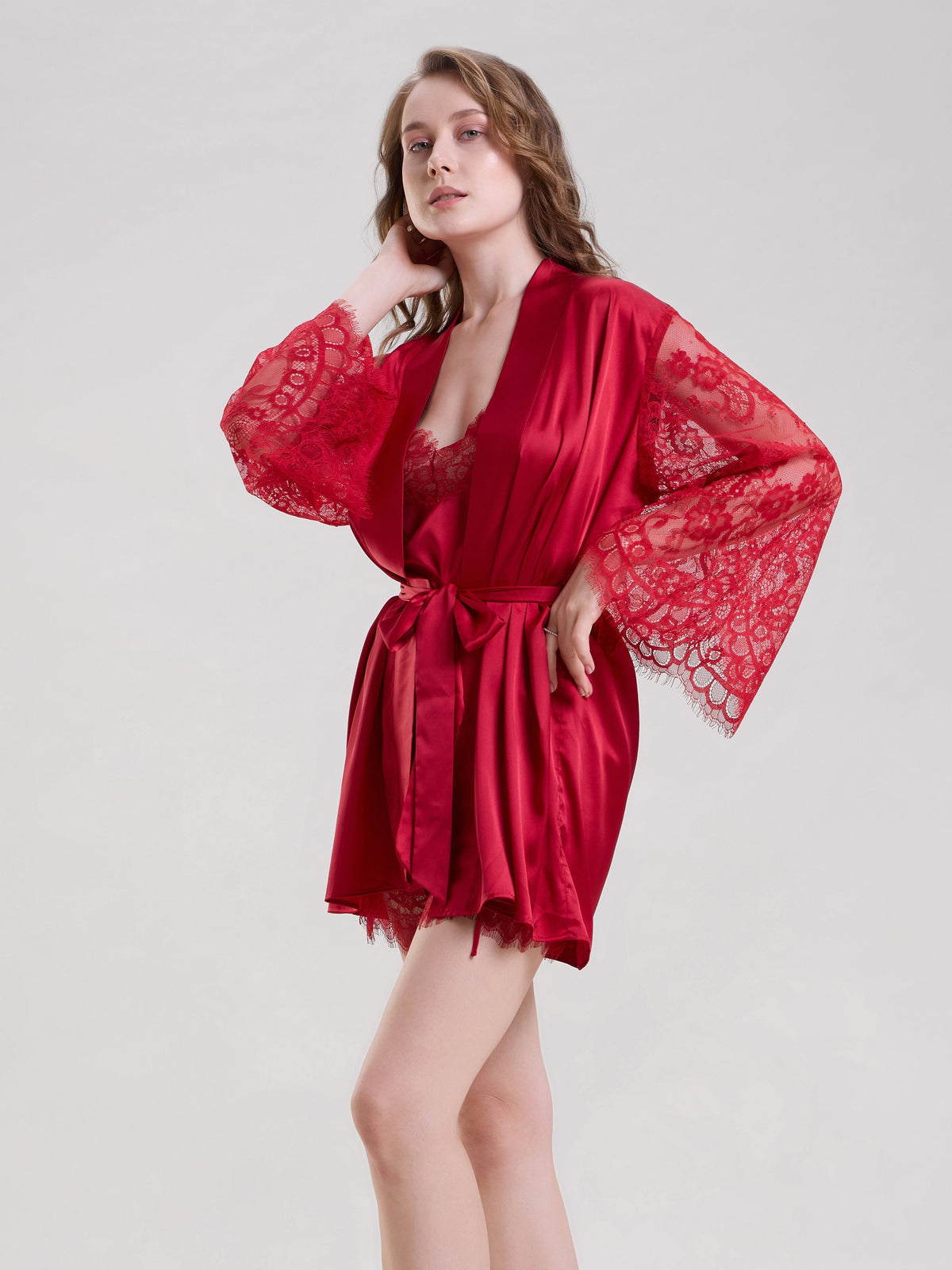 RED ROBE WITH LACE SLEEVES