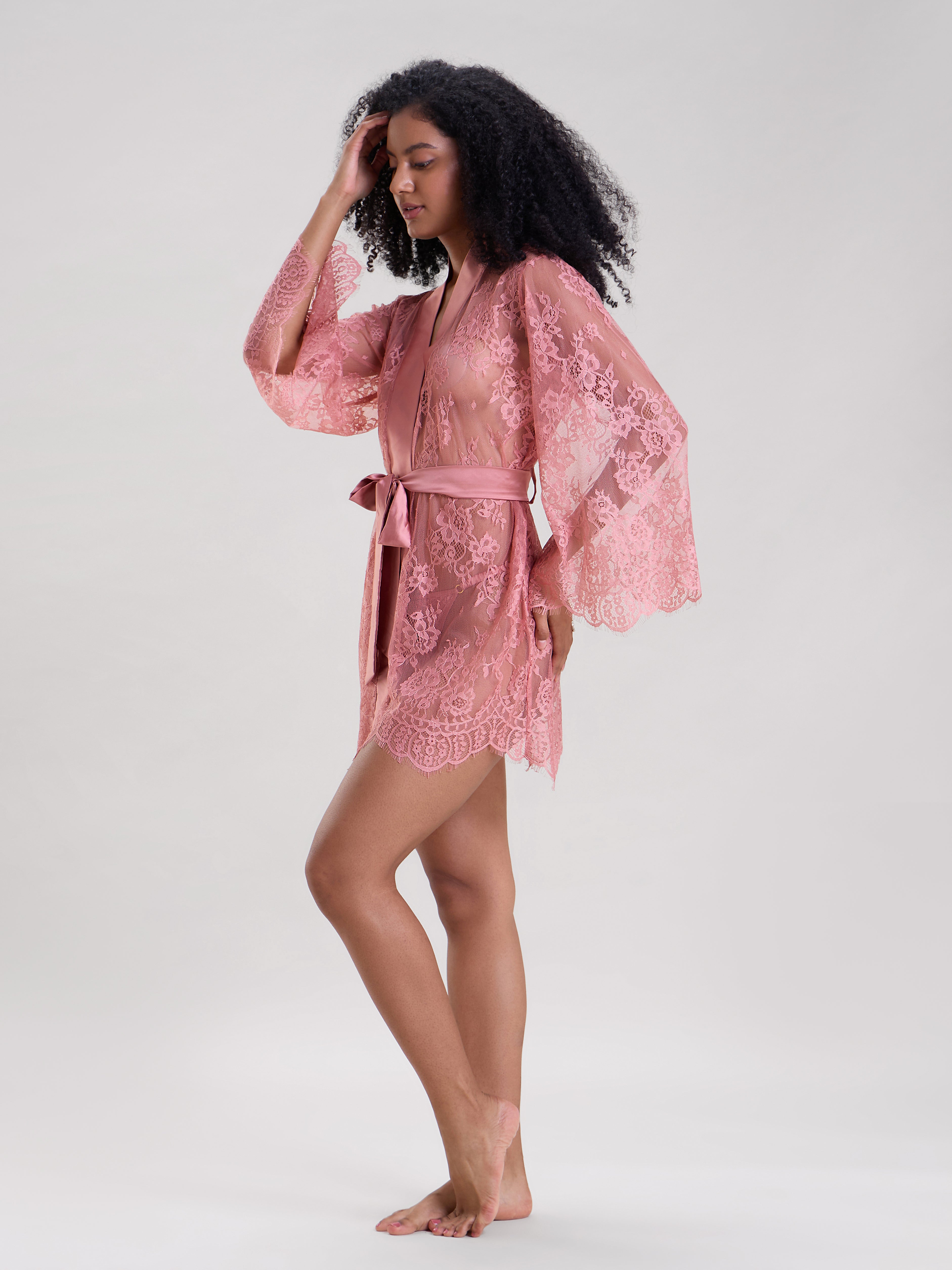 BLUSH PINK LACE ROBE WITH THONG