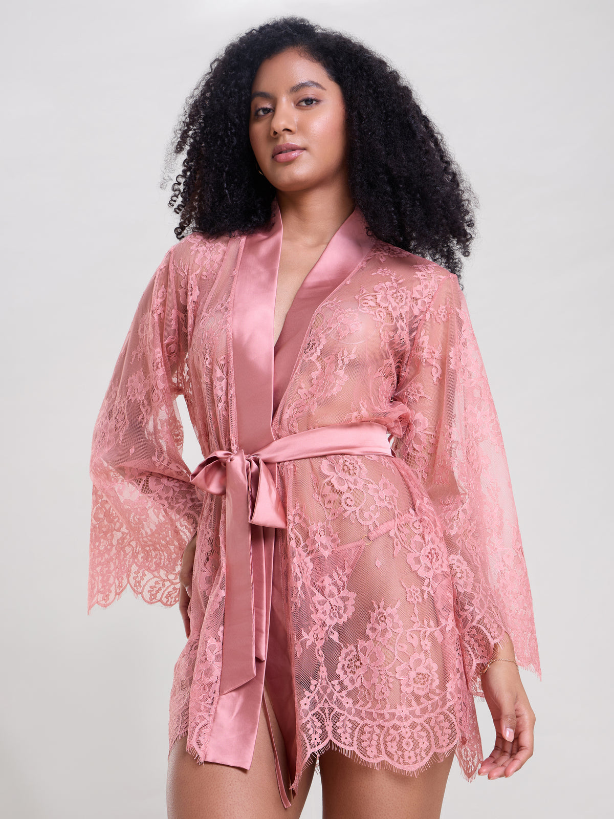 BLUSH PINK LACE ROBE WITH THONG