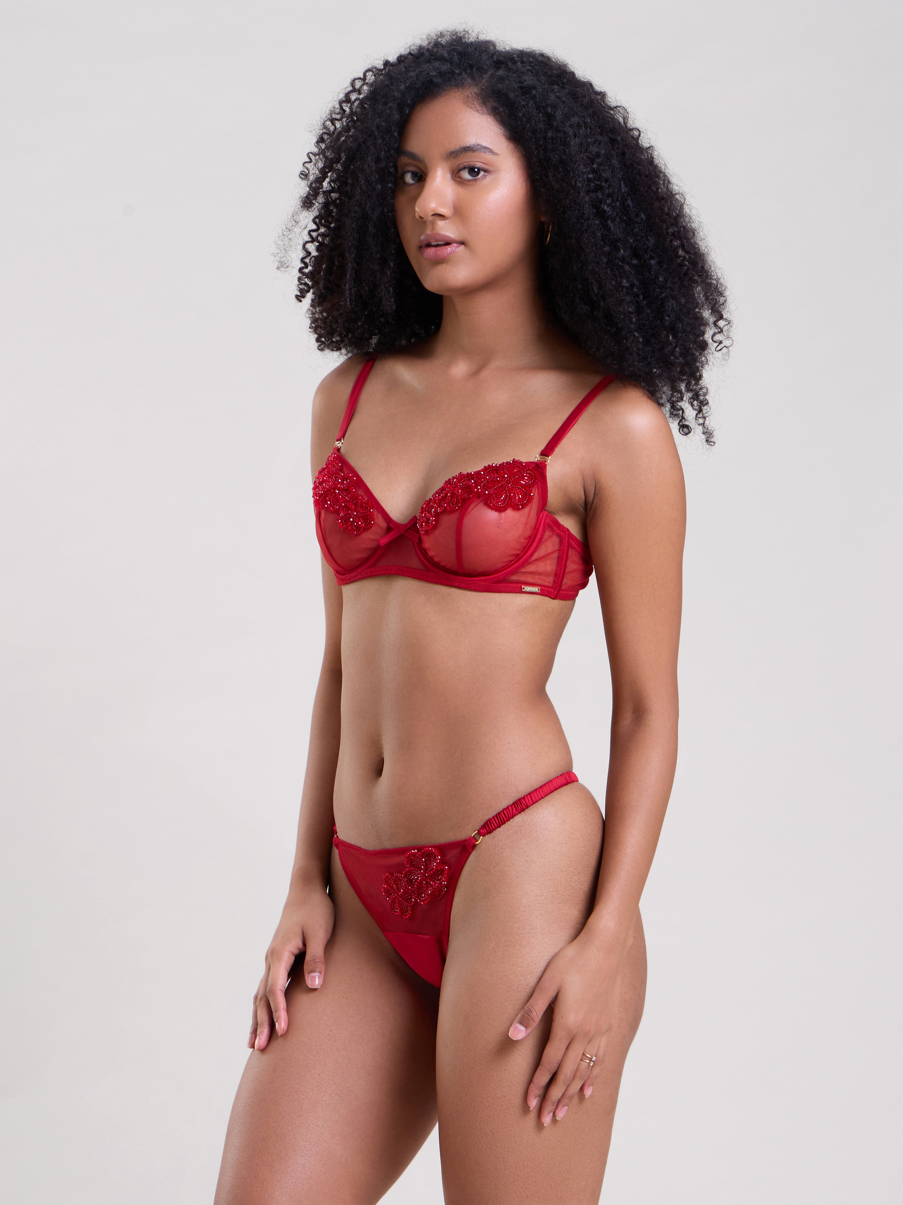 POPPY RED HAND EMBELLISHED BRA & THONG SET