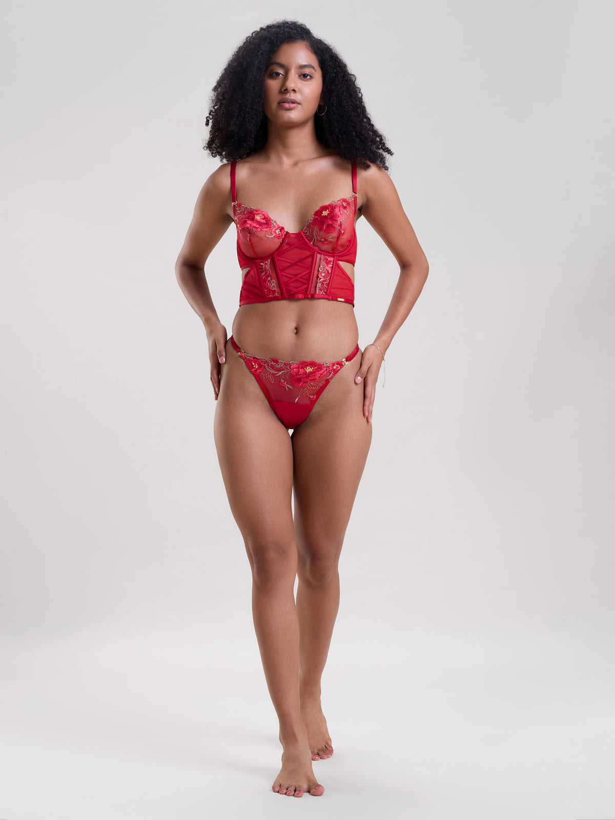 ROSE RED EMBROIDERED LONGLINE BRA & THONG SET